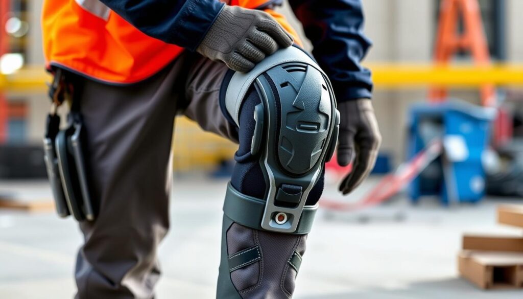 Generate an image of the Futuro Hinged Knee Brace being worn by a construction worker.