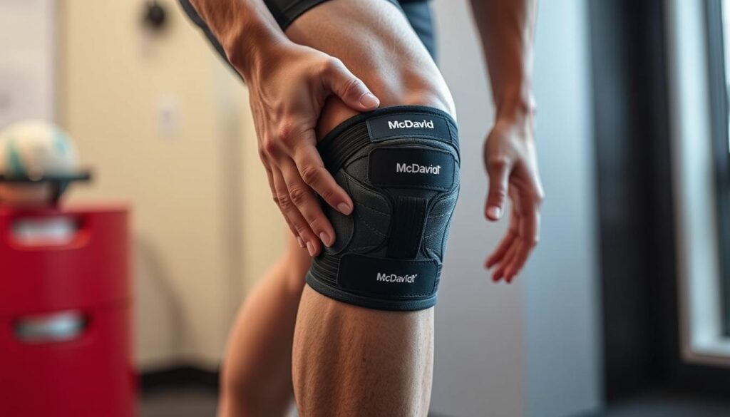 Generate an image of the McDavid Myovolt Vibration Compression Wrap being used on a knee.