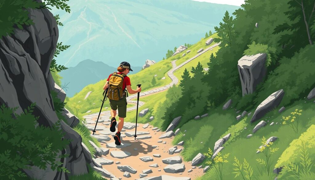 Image of a hiker using trekking poles on a steep downhill path Image of a hiker using trekking poles on a steep downhill path