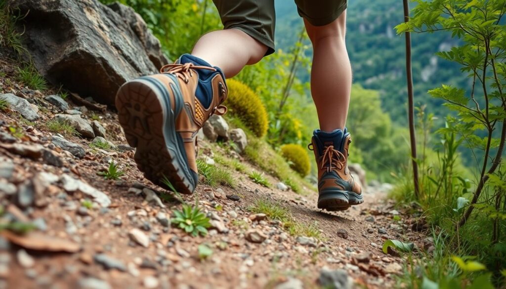Image of a hiker wearing supportive hiking boots on a downhill trail Image of a hiker wearing supportive hiking boots on a downhill trail