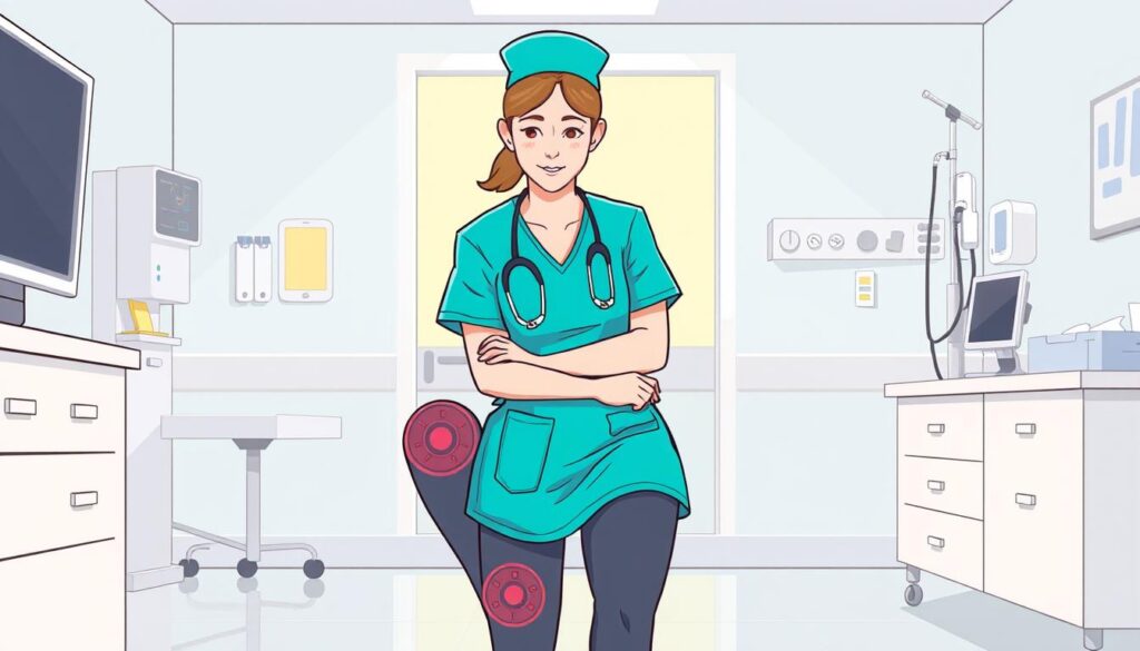 Image of a nurse taking a short break during a shift to stretch their knee