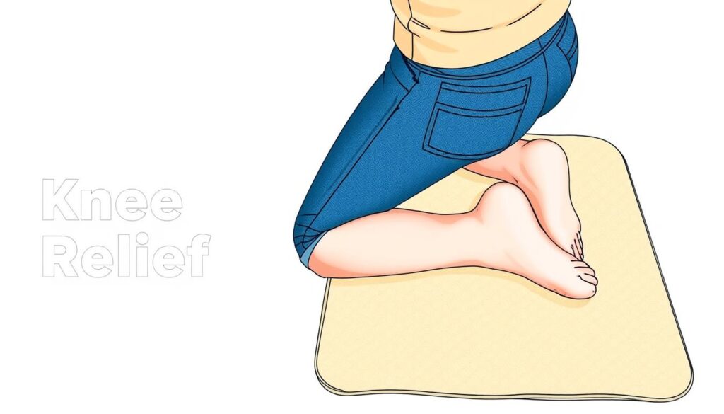 Image of a person kneeling on a cushioned mat with a caption "Knee Pain Relief"
