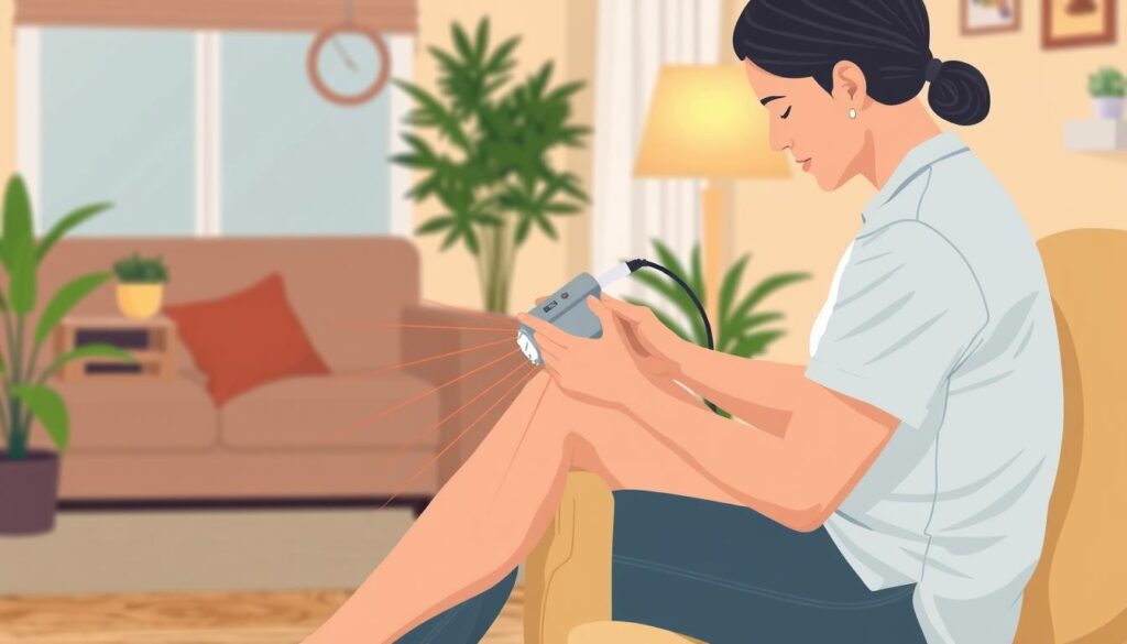 Image of a person using a cold laser device on their knee at home.