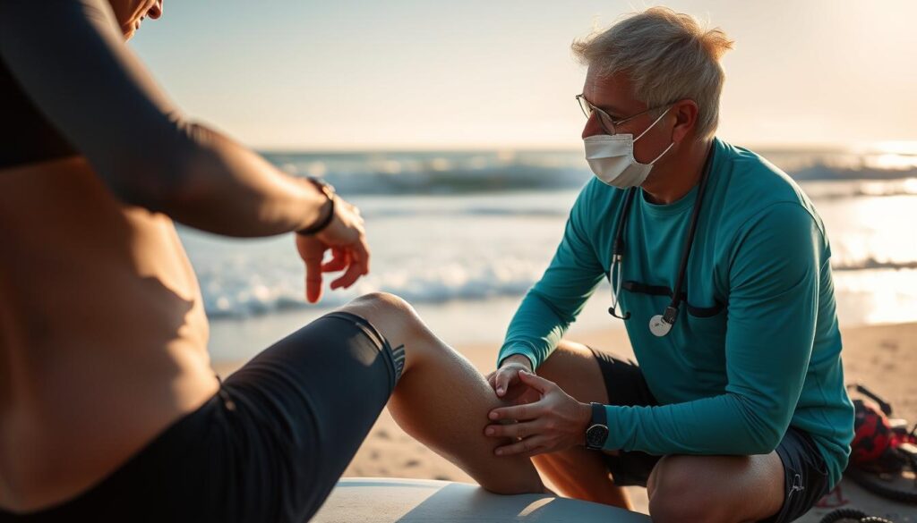 Image of a sports medicine specialist examining a surfer's knee