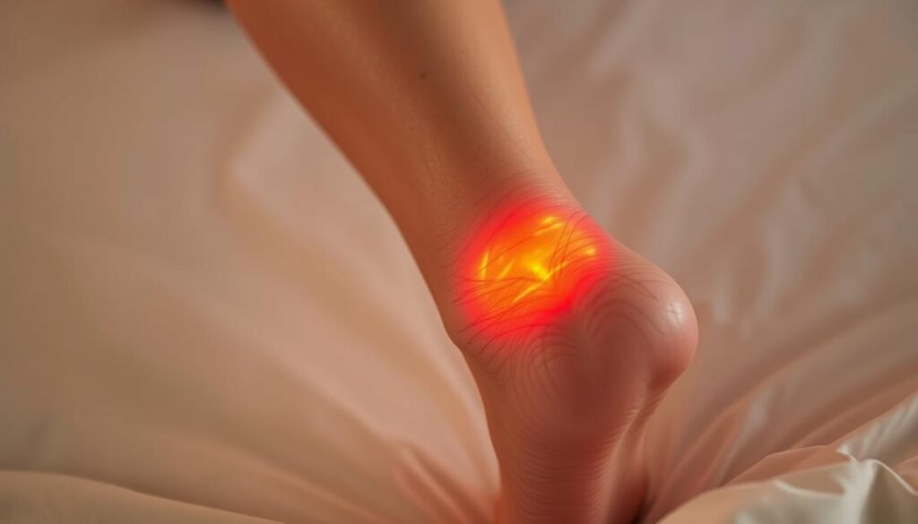 Knee bent at a slight angle, the lower leg extending outward, revealing an area of inflammation and tension along the joint. Soft ambient lighting casts a warm glow, highlighting the subtle wrinkles and contours of the skin. A neutral, muted color palette evokes a sense of discomfort and unease. The image captures the experience of knee pain during side sleeping, conveying the physical strain and discomfort through a realistic and visually compelling depiction.