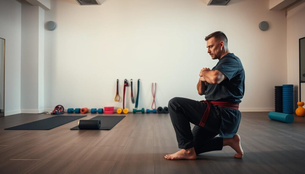 Knee exercises for martial artists in a well-lit studio setting. In the foreground, a martial artist performing a series of low-impact knee bends and stretches, their form precise and controlled. In the middle ground, various fitness equipment like yoga mats, resistance bands, and foam rollers are arranged, suggesting a comprehensive workout regime. The background is clean and uncluttered, allowing the focus to remain on the exercises. Warm, natural lighting from above and soft shadows create a calm, instructional atmosphere, inviting the viewer to follow along. The overall mood is one of disciplined, mindful movement, emphasizing the importance of knee health and mobility for martial artists.