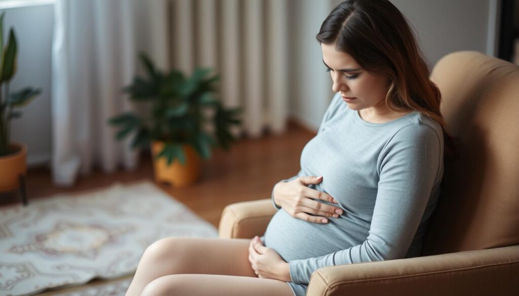 Knee pain during pregnancy, a woman sits on a chair, gently holding her swollen, aching knee. Soft, diffused lighting illuminates her face, conveying a pensive, reflective mood. The background is blurred, with subtle hints of a cozy, domestic setting, such as a soft rug or a potted plant, to create a sense of comfort and familiarity. The image captures the discomfort and physical challenge of this common pregnancy-related issue, inviting the viewer to empathize with the subject's experience.