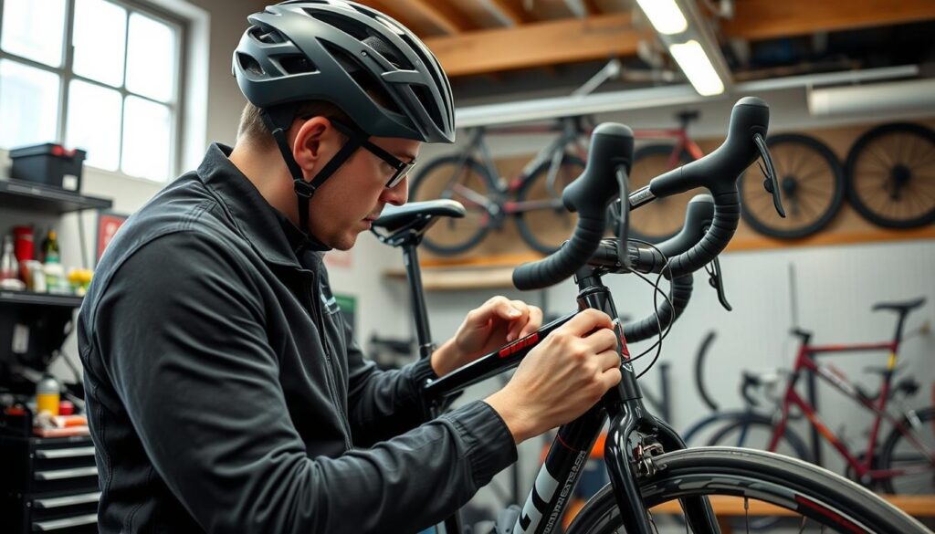 Professional bike fitter adjusting a cyclist's bike