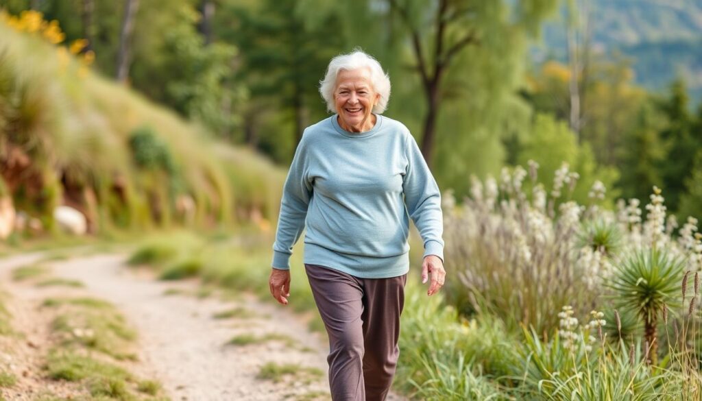 Active older adult walking comfortably after recovering from knee pain that comes and goes walking