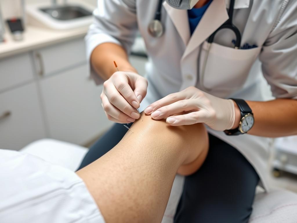 Acupuncture treatment being performed on knee to reduce pain without surgery