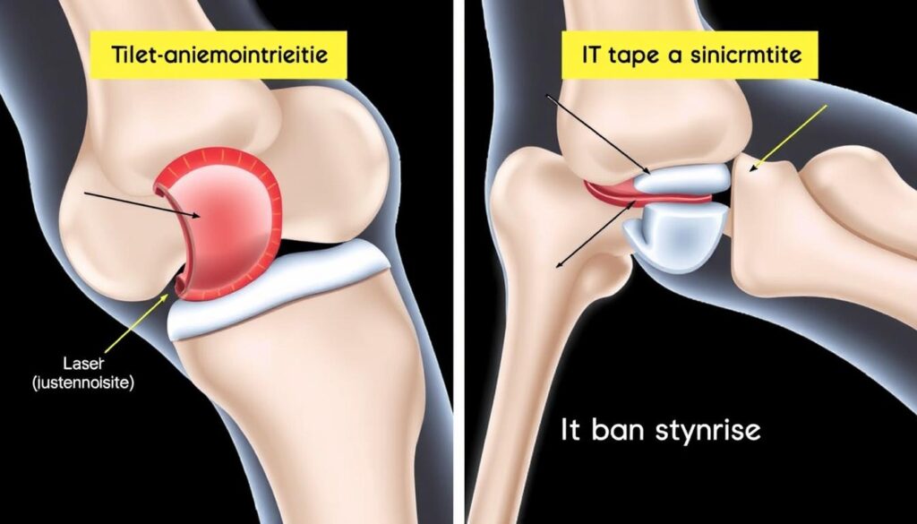 Anatomical illustration comparing lateral meniscus tear with IT band syndrome on the outside of the knee