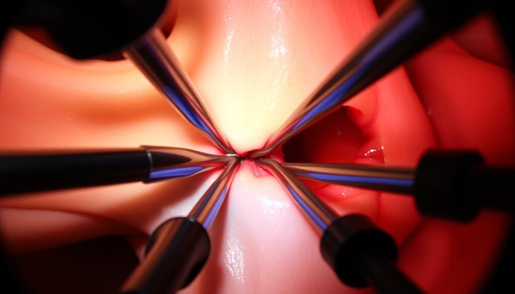 Arthroscopic surgery being performed to repair a torn meniscus outside knee