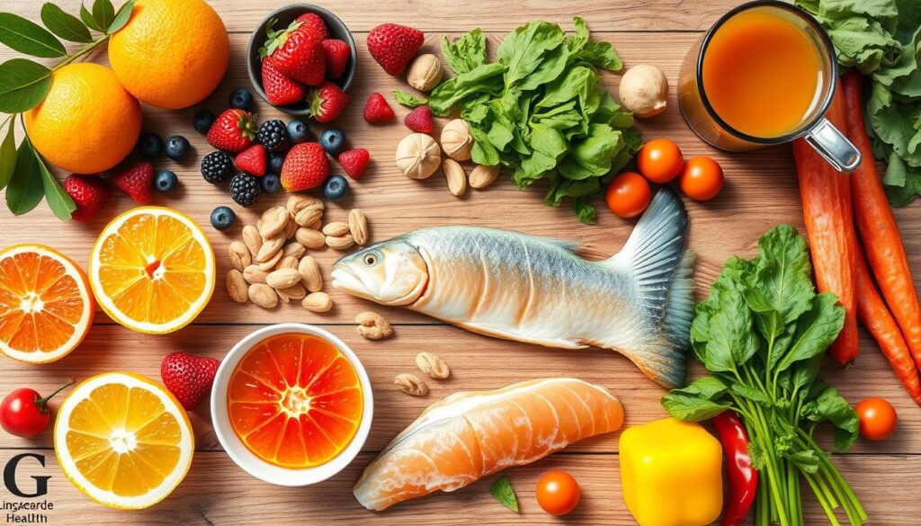 Assortment of foods rich in collagen and vitamin C for ligament health Assortment of foods rich in collagen and vitamin C for ligament health