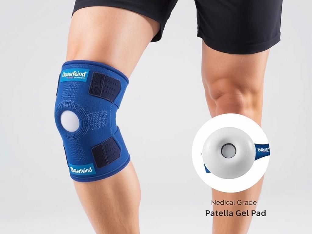 Bauerfeind Sports Knee Support brace shown on a leg with anatomical support features highlighted