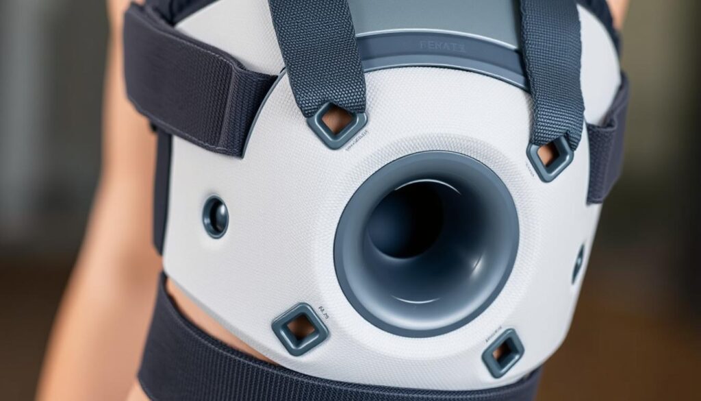 Close-up of a patella stabilizer brace showing the kneecap support features