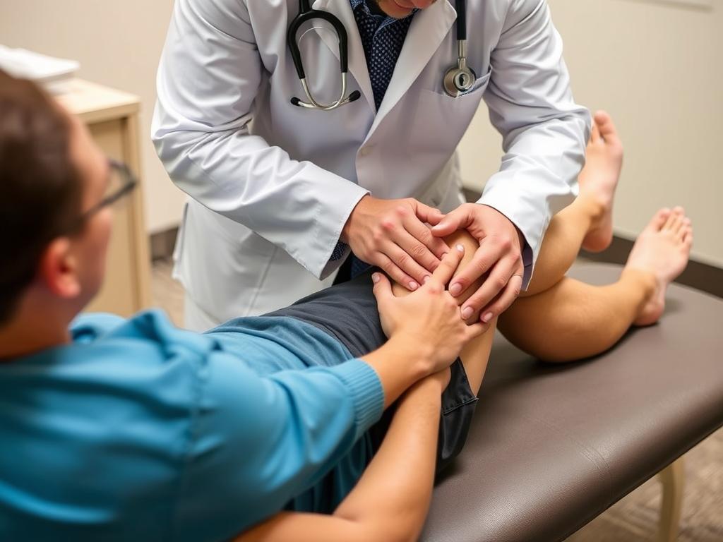 Doctor examining a patient's knee for patellofemoral pain syndrome using patellar tracking test
