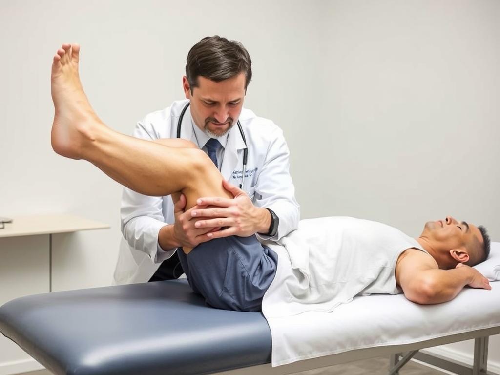 Doctor examining patient with knee pain behind knee when bending and straightening