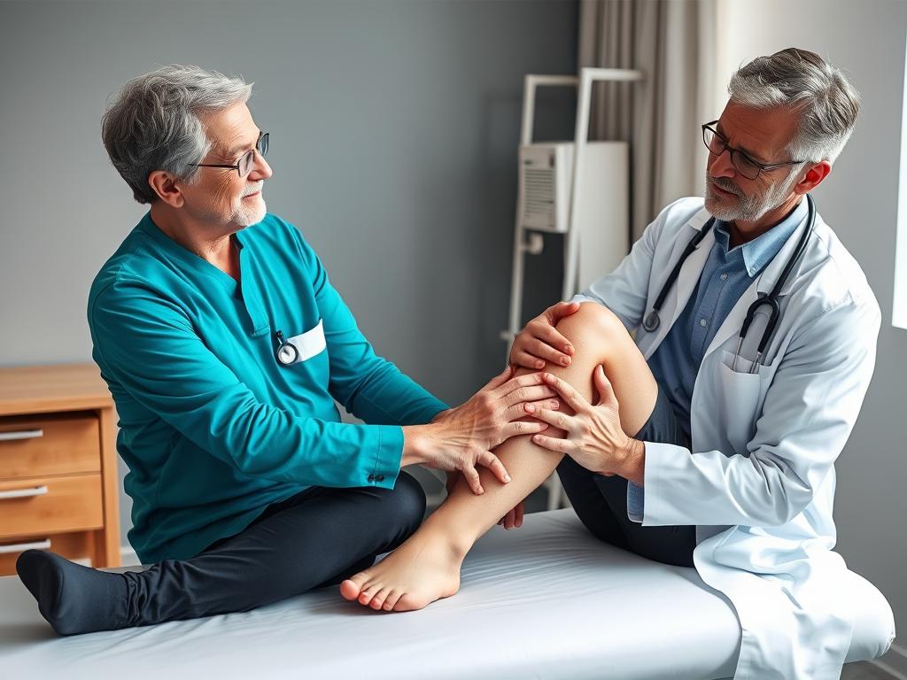 Doctor examining patient with knee pain that comes and goes walking