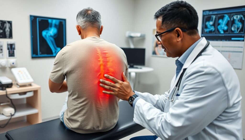 Doctor examining patient with severe posterior knee pain requiring medical attention