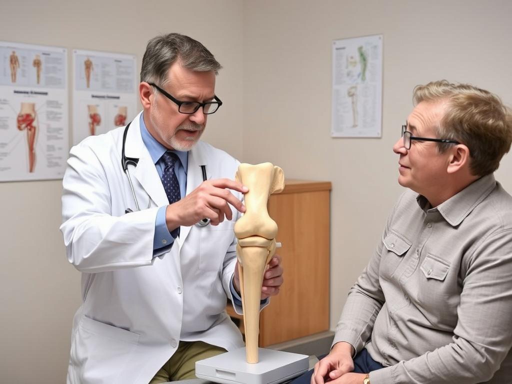 Doctor explaining knee replacement to patient using model