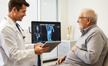 Doctor showing total knee replacement surgery video to a patient on tablet