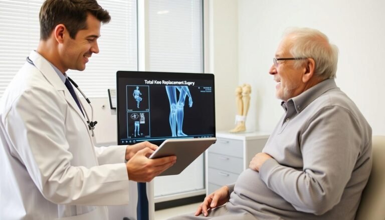 Doctor showing total knee replacement surgery video to a patient on tablet