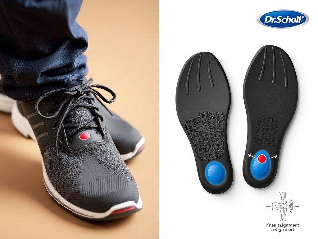 Dr. Scholl's orthotics in shoes with diagram showing knee alignment
