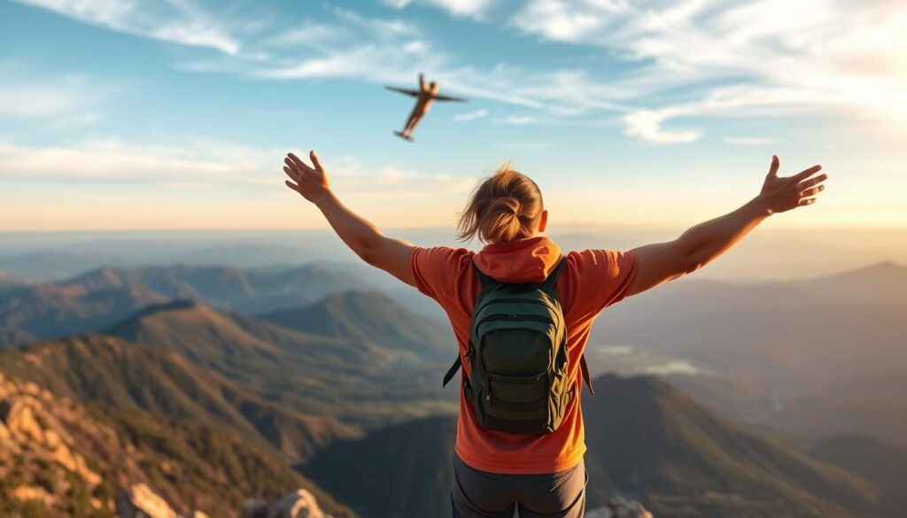 Happy hiker on mountain summit with healthy knees