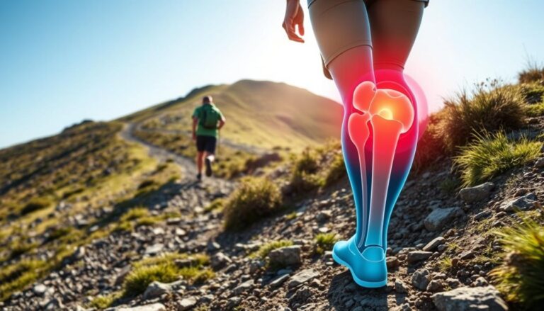 Hiker descending steep trail with visible stress on knees