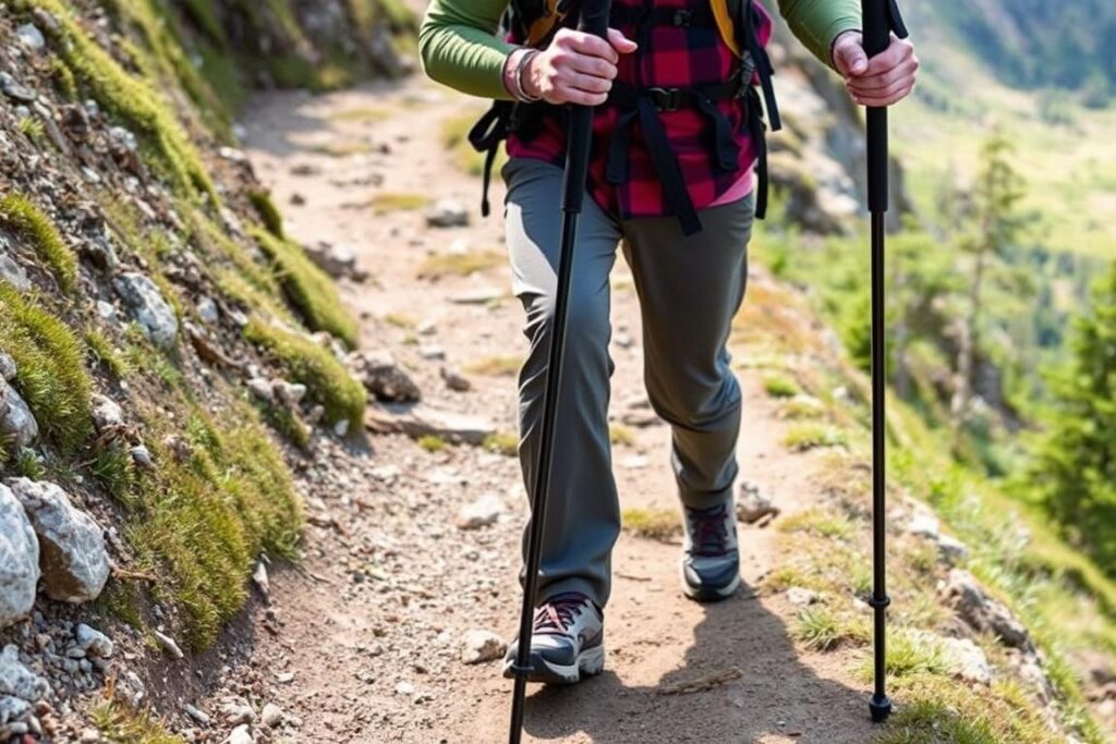 Hiker using trekking poles on a downhill trail