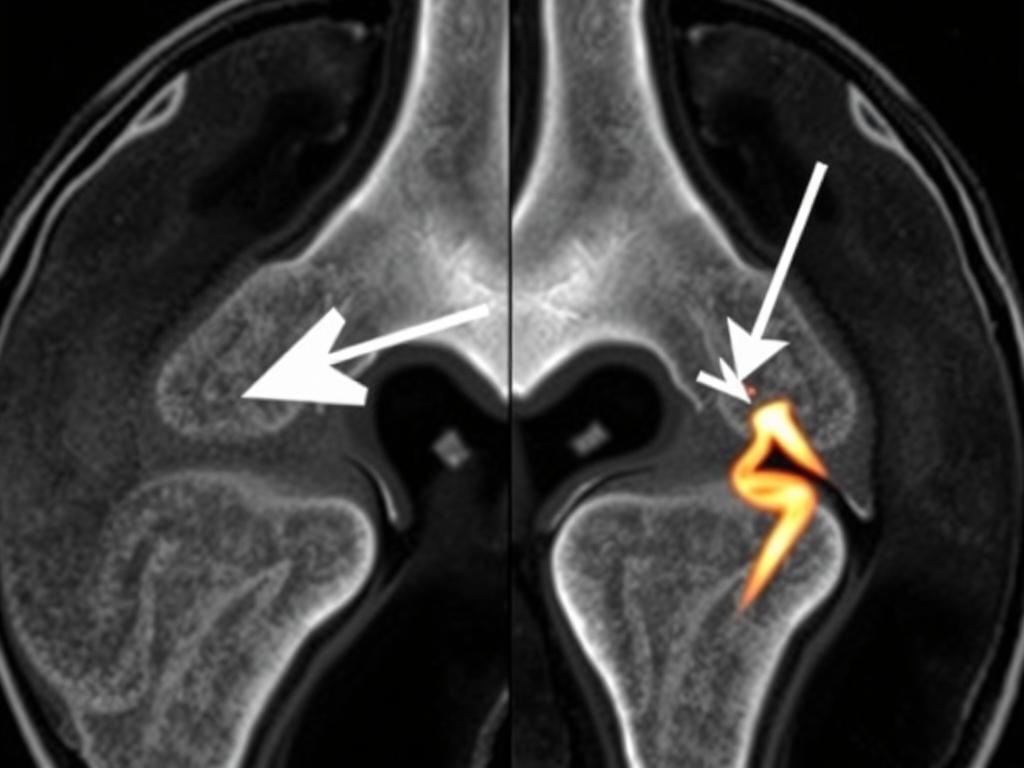 MRI image showing a torn meniscus on the outside of the knee with arrow indicator