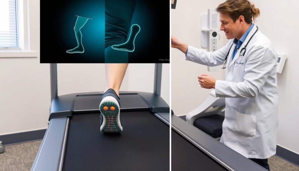 Orthopedic specialist examining a patient's gait while wearing supportive shoes for knee pain relief