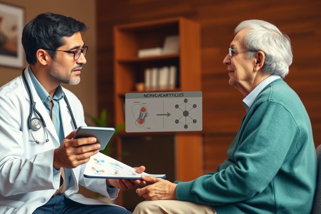 Patient discussing nano-formulated medication options with healthcare provider