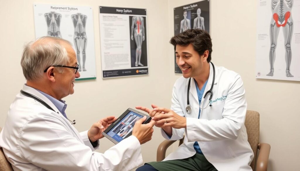 Patient discussing total knee replacement surgery videos with orthopedic surgeon