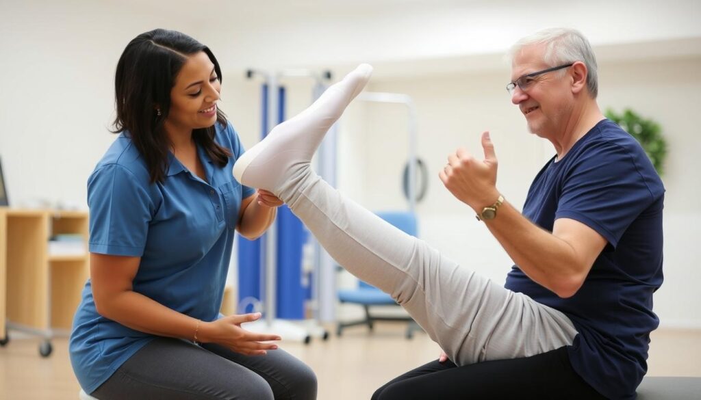Patient doing physical therapy exercises after knee replacement