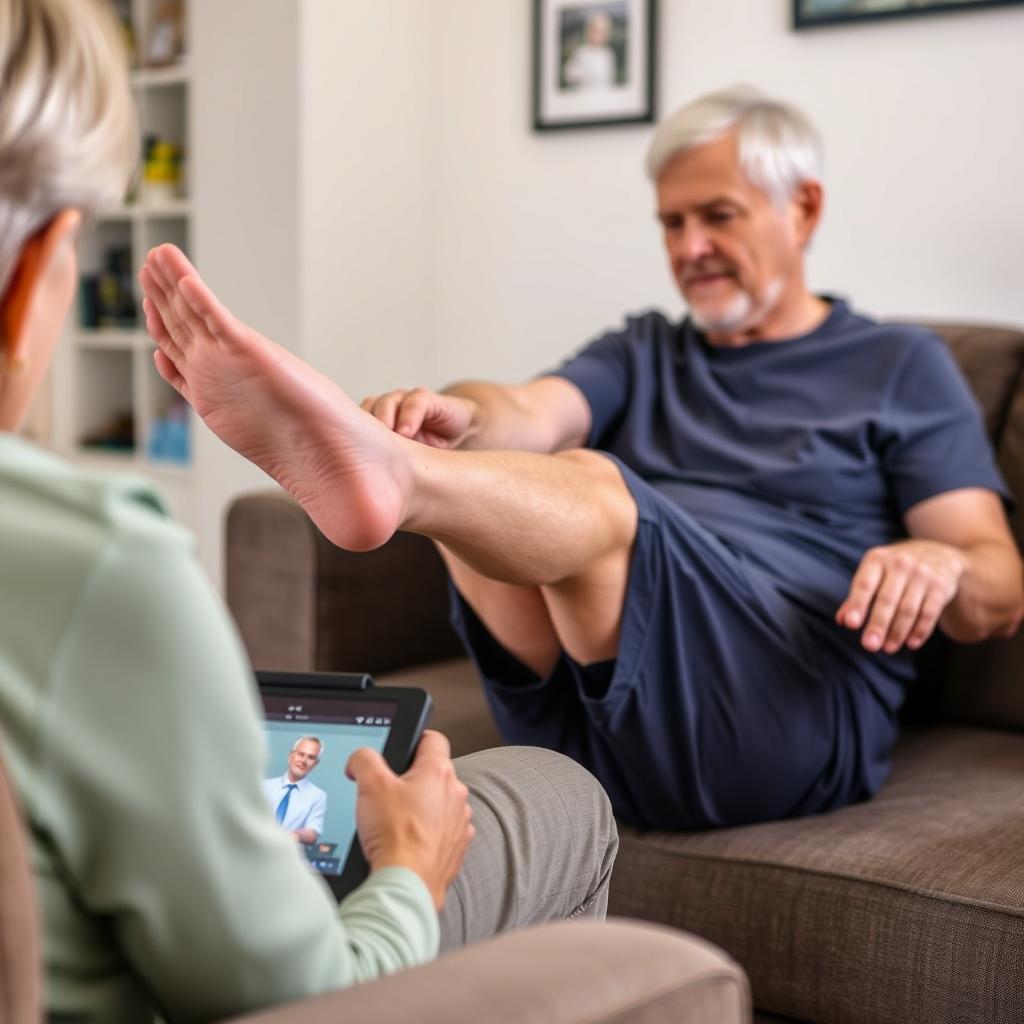 Patient practicing rehabilitation exercises learned from total knee replacement surgery videos
