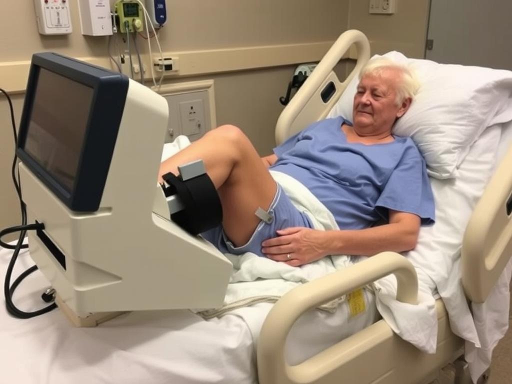Patient using continuous passive motion machine after knee replacement