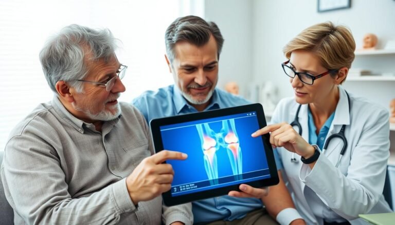 Patient watching knee replacement video on tablet with doctor