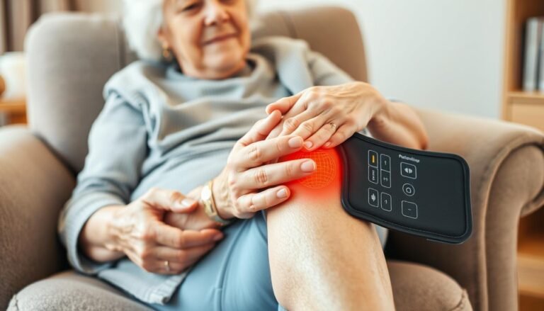 Person applying a heating pad to knee for arthritis pain relief