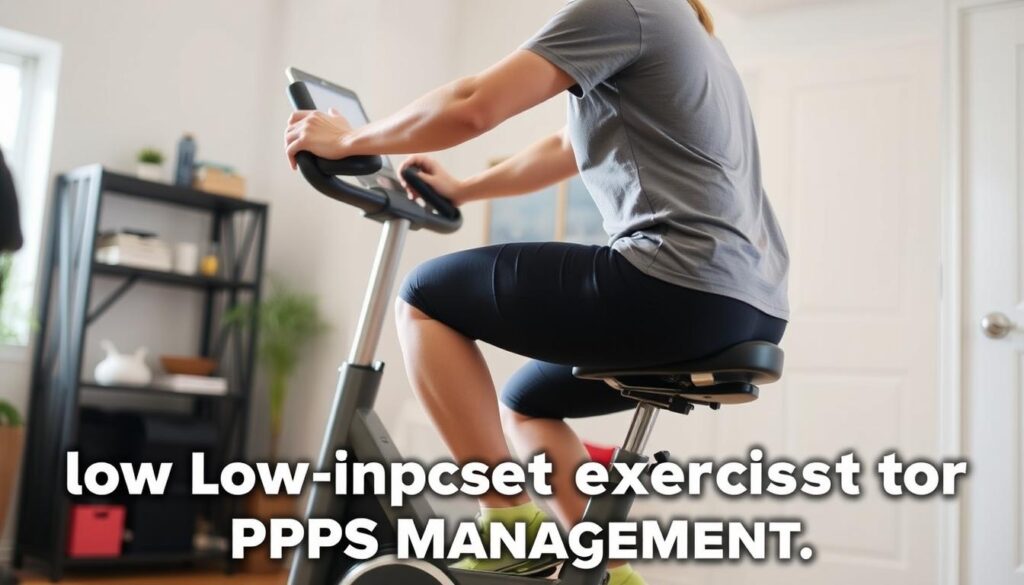 Person cycling on a stationary bike as a low-impact alternative exercise for patellofemoral pain syndrome