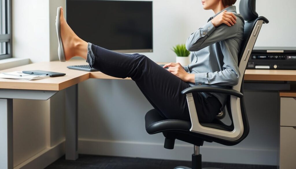 Person demonstrating seated knee extension exercise at desk