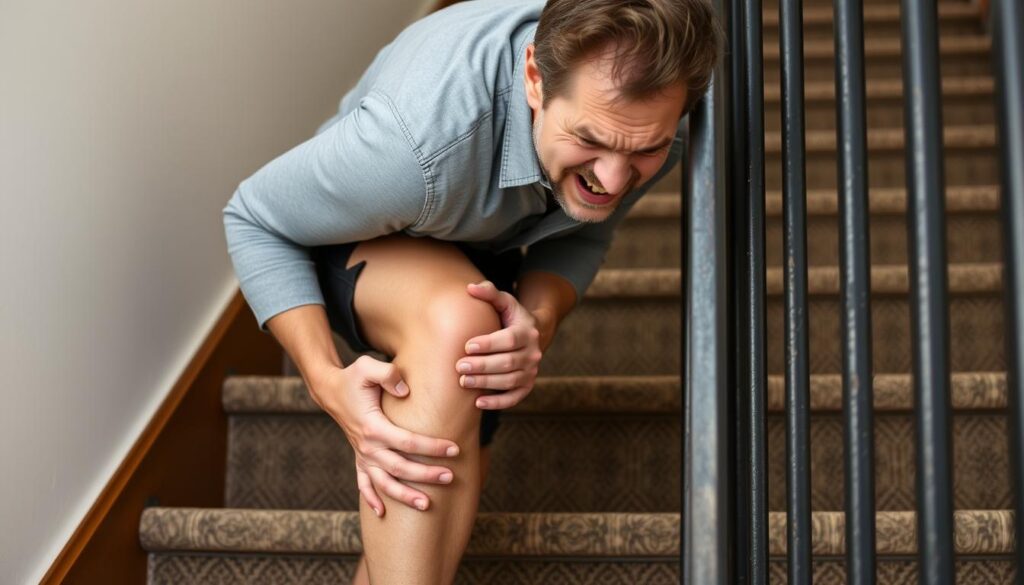 Person experiencing pain while descending stairs due to torn meniscus outside knee