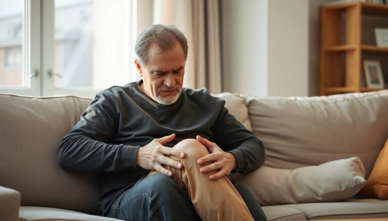 Person holding knee in pain while sitting on couch