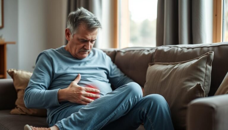Person holding knee in pain while sitting on couch, demonstrating common knee pain position