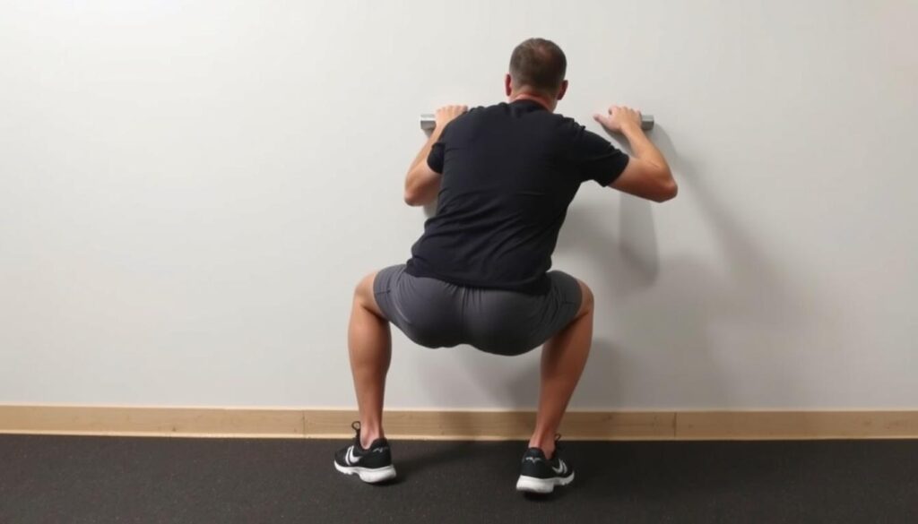Person performing wall squat with back against wall and knees at 90 degrees Person performing wall squat with back against wall and knees at 90 degrees