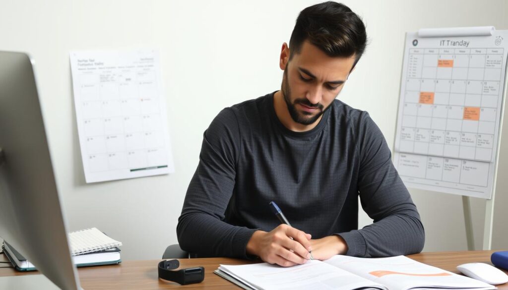 Person planning exercise routine with calendar and notes