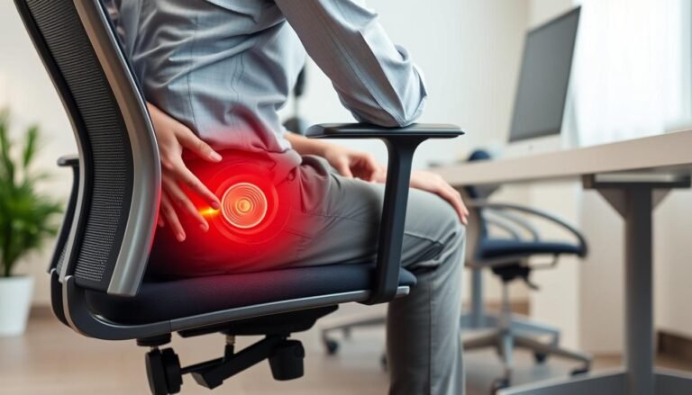 Person sitting in an office chair with poor posture causing knee pain