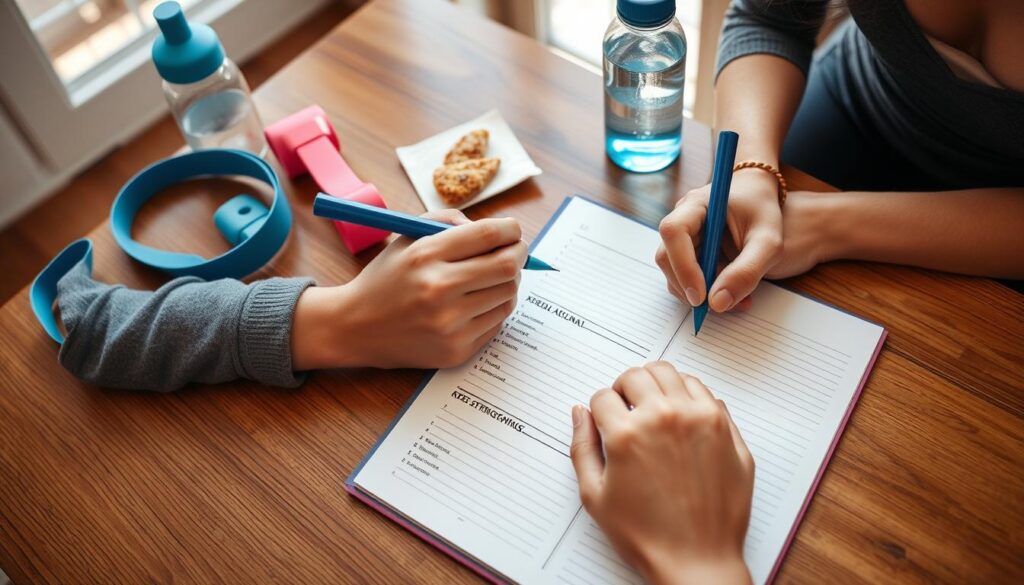 Person tracking progress in exercise journal next to water bottle and resistance band Person tracking progress in exercise journal next to water bottle and resistance band