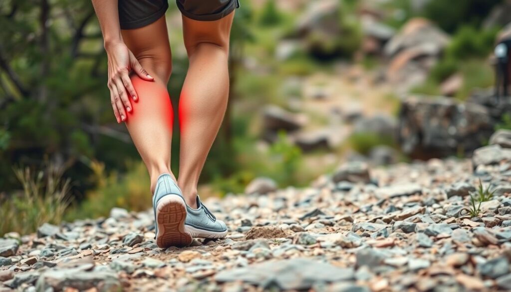 Person walking on uneven terrain experiencing knee pain