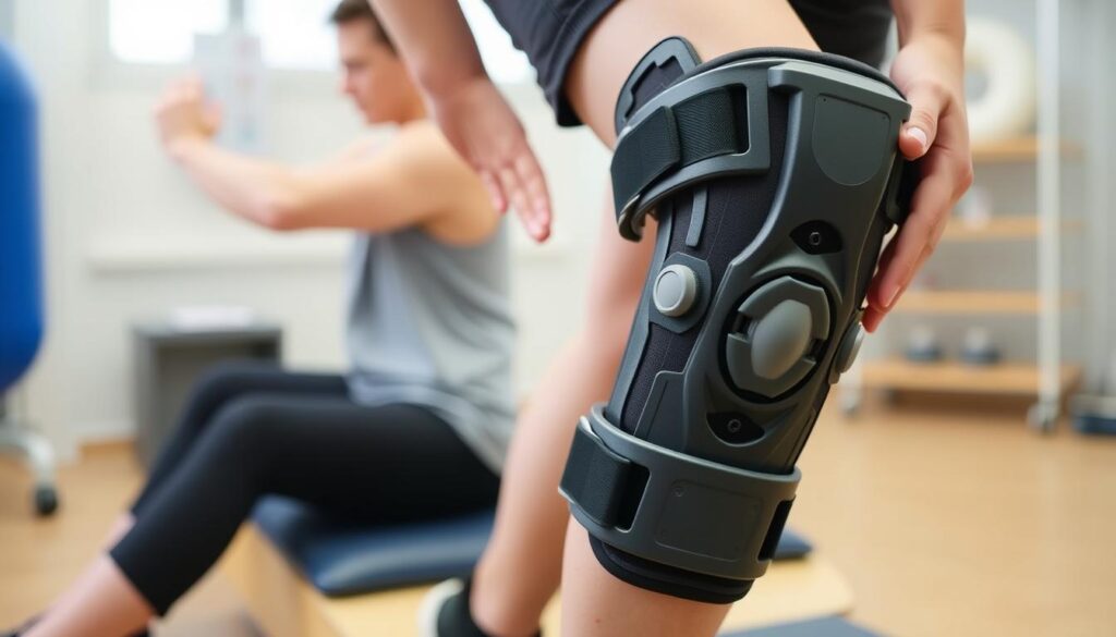Person wearing a post-operative knee brace with range-of-motion controls